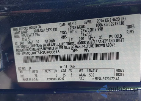 2016 Ford Escape S z USA, uszkodzony, nr VIN 1FMCU0F74GUA00815